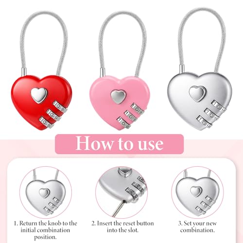 3 Pack Heart Lock, Pink Locker Lock Locker Combination Locks with Code for Luggage, Suitcase, Cabinet, Backpack, Gym Lockers
