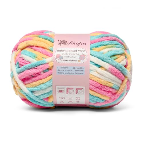 Image of Candy 7.05 oz /98.4 yds Chunky Chenille Yarn for Crocheting, #7 Super Bulky Baby Blanket Yarn for Crocheting Soft, Fluffy Velvet Yarn for Knitting, Amigurumi Crochet Yarn for Crafts