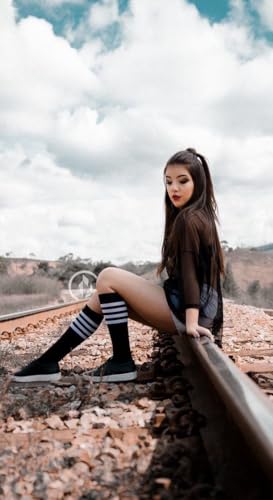 Image of Women's Knee High Athletic Socks Casual Stripes Tube Socks Outdoor Sport Socks