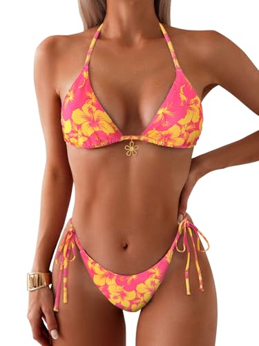 Image of ZAFUL Womens Printed Triangle Bikinis 2 Piece Halter Bikini Sets High Cut Bathing Suit Side Tie Swimsuits