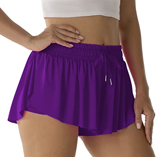 Flowy Athletic Shorts for Women Running Tennis Butterfly Shorts Girls 2-in-1 Double Layer Quick-Drying Comfy Shorts Small Violet Purple