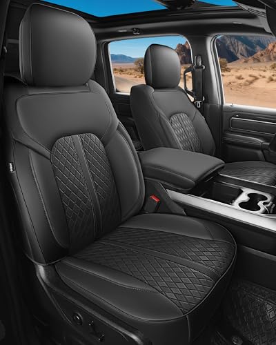 RIDEPOSH Leather Car Seat Covers for Dodge Ram 1500 2019-2026 Crew Cab Custom Fit Big Horn/Rebel/Sport Seat Protectors Full Set Black (Rear Flat Bench Fold-Out Cupholder)