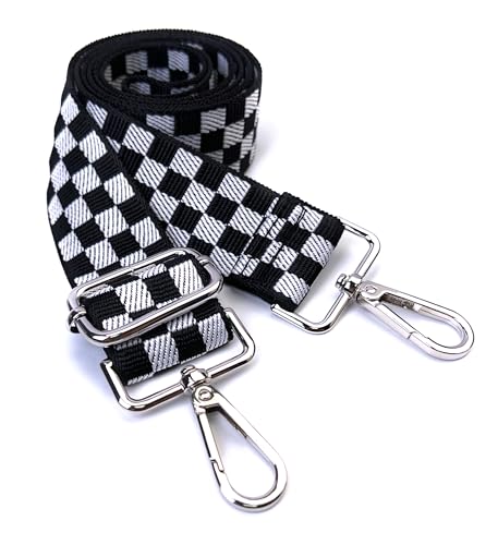 Image of Black White Checkered Purse Strap with Silver Hardware 1-1 /2 Inch Wide Replacement Crossbody Guitar Style Shoulder Strap for Handbags Totes