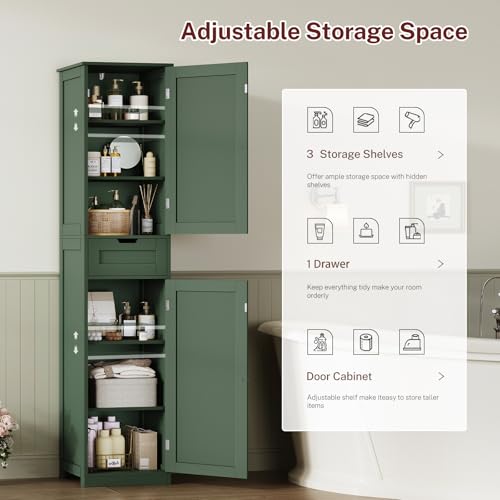 Image of TEENFON Tall Bathroom Cabinet with 2 Doors & 1 Drawer, Narrow Bathroom Storage Cabinet with Adjustable Shelves, for Living Room, Entryway, Kitchen, Forest Green