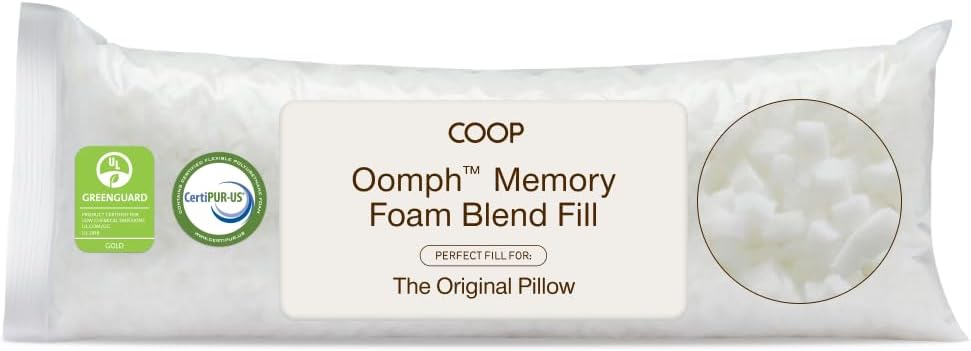 Coop Home Goods Extra Oomph Fill, Cross-Cut Memory Foam, Medium Density Pillow Fill, Extra Fill Bag, Refill to Customize Your Premium Adjustable Pillow, GREENGUARD Gold and CertiPUR-US Certified