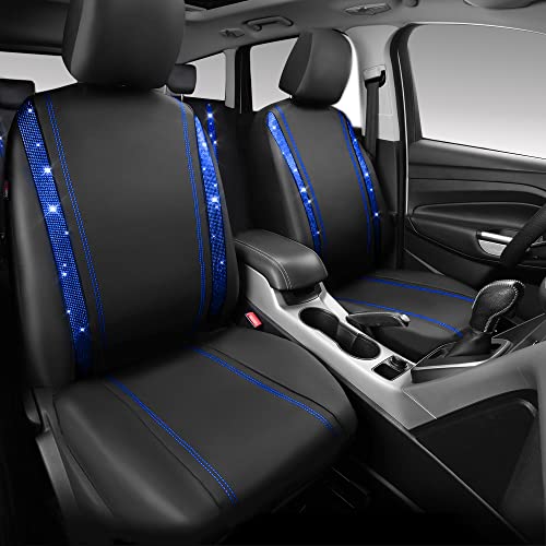 Image of CAR PASS Bling Diamond Car Seat Covers Full Set, Shining Rhinestone Waterproof Faux Leather, Rear with Zipper, Universal Fit Automotive Glitter Crystal Sparkle Strips for Cute Women Girl, Blue