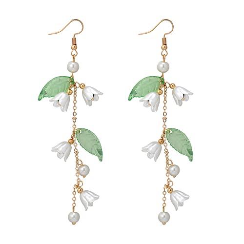 Dangle Flower Leaf Earring White Fairy Flower Earrings Summer Dangling Long Tassel Earrings Lily Of The Valley Earrings Jewelry
