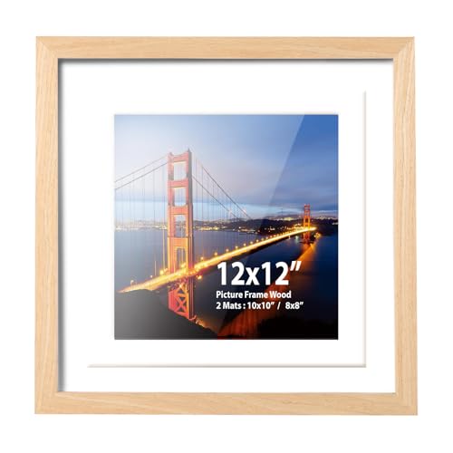 Bayloban 12x12 Frame,Display Pictures 8x8,10x10 With Mat or 12x12 Without Mat,Natural Solid Wood,Hung On Walls Or Placed On Tables,Square Picture Frame (Wood Color,Single)