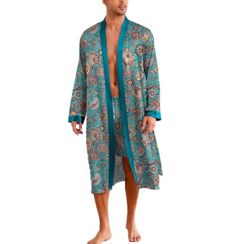 Bata de satén para Hombre con Conjunto de Pantalones Cortos Albornoz de Kimono de Seda Ligero 2 Piezas Ropa de Dormir de cárdigan Largo con Frente Abierto con cinturón,Rb03,L