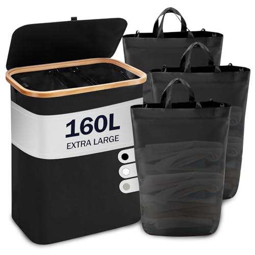 YOUDENOVA Wäschekorb mit Deckel 3 Fächer 160L Wäschesammler mit 3 Wäschesäcke Groß faltbarer...