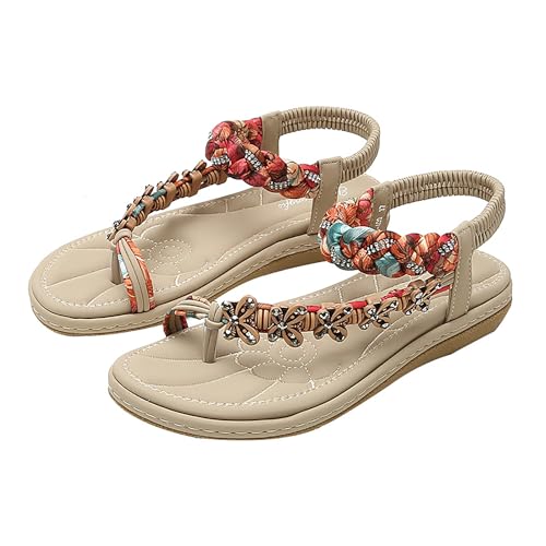 PNZLZIA Bohemian Elastic Ankle Strap Beach Sandals,Flat Rhinestone Sequined Woven Open-Toe Sandals (Apricot,9)