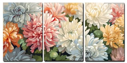 Tableaux sur Toile Giclée Oujkeef Lot de 3 Décoration Murale Fleur avec Cadre Bois Rétro 55x80cm