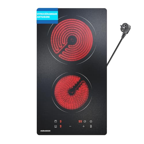 AURAKICH Placa vitrocerámica 2 luces empotrables 29 cm – Placa de cocción eléctrica 3000 W, cristal cerámica antidesgaste, control táctil, temporizador, compatible con todos los estufas