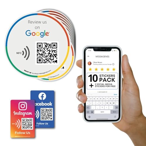 MESSAGENES   Pegatina con NFC y QR | Pegatina para Conseguir Reseñas | Compatible con Google Business | Pack 10 Unidades | QR Dinámico Editable | Analíticas de Escaneo | Sirve para iPhone y Android
