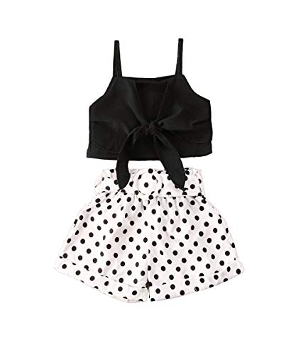 Bowanadacles Completo Bambina Estivo 2 Pezzi Tank Top con Fiocco Senza Maniche + Pantaloncini a Pois con Cintura a Vita Alta 1-6 Anni (Nero+Bianco, 2-3 Anni)