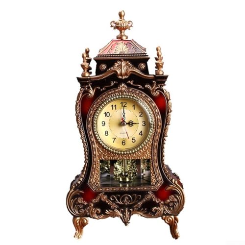 Orologio da tavolo in stile antico per soggiorno, in legno, con movimento silenzioso dei secondi, per soggiorno, camino (marrone e rosso)