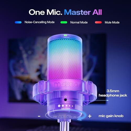 Image of MAONO USB Gaming Microphone for PC, Noise Cancellation Condenser Mic with RGB, Mute, Gain, Computer Desk Mic for Streaming, Podcast, Chat, Twitch, YouTube, Discord, PS5, PS4, GamerWave DGM20 Purple