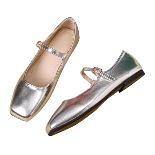 Stunner Women's Mary Jane Flats Fashion Square Toe Soft Ballet Flats Comfort Leather Office Driving Flats Silver 41(9) 2