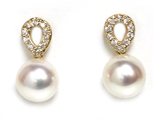 14k Gold - 8.5-8 MM Akoya Cultured Pearl Diamond Unify Earrings for Women Hanadama Quality