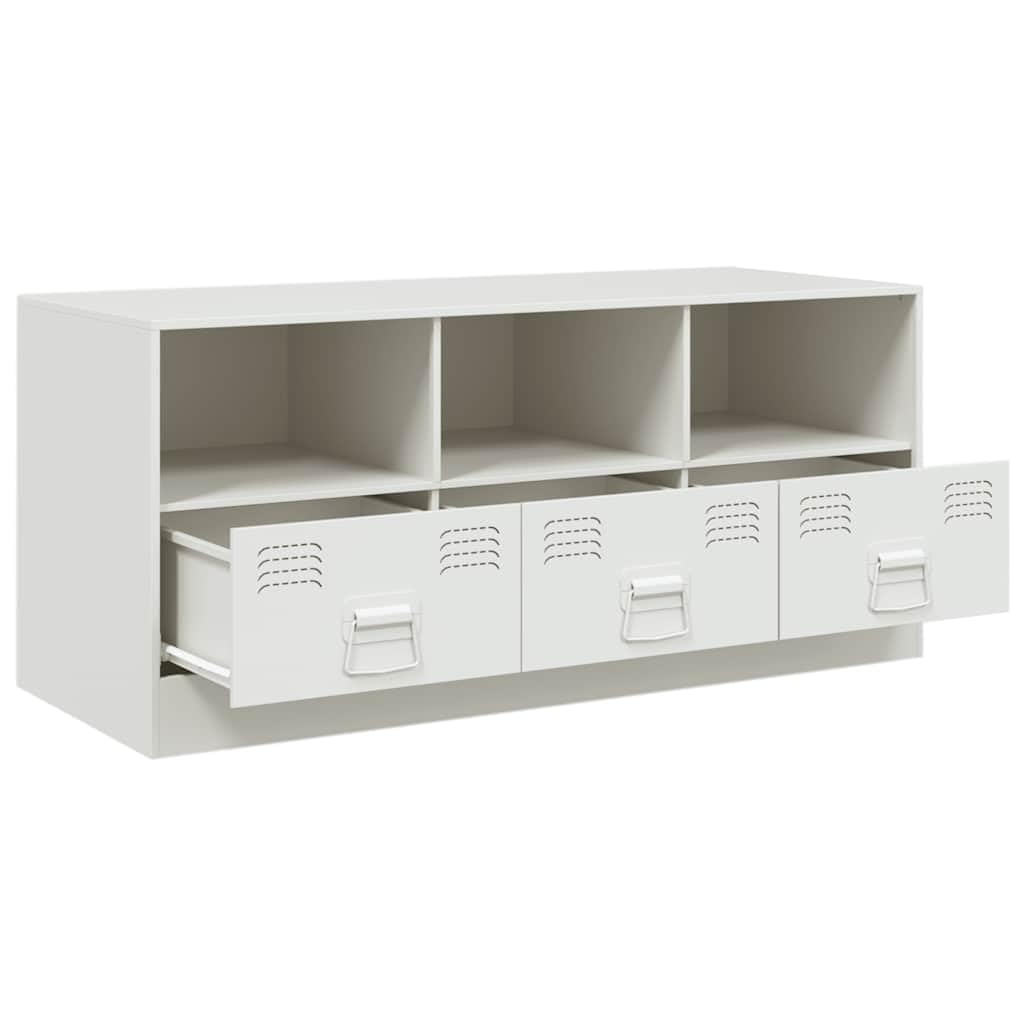 Mobile TV bianco in acciaio laminato a freddo, 99 x 39 x 44 cm, con 3 cassetti e scomparti, credenza bassa per soggiorno, spazio per tavolo TV, HiFi, soundbar, salvaspazio, moderno