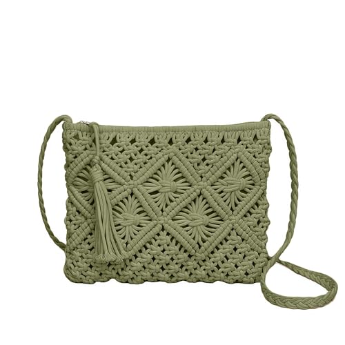 MsAnya Bolsa Boho Crocheted Verão Praia Bolsa de Ombro Boêmia, Bolsa de Ombro Artesanal de Crochê, Bolsa de Viagem Clutch, Verde, 10x8x1 inches