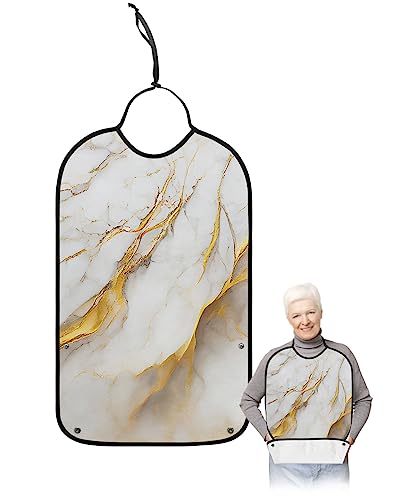 Marble Gold Grey Adult Bib for Eating with Crumb Catcher,Washable & Waterproof Terry Cloth Adjustable Elderly Women Men Adult Bibs Funny Apron Clothing Protector Modern Abstract Minimalist Art
