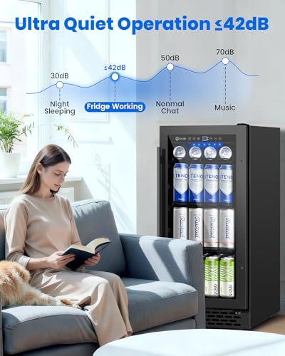 Image of 15 Inch Black Beverage Refrigerator Under Counter, 130 Cans Built-in /Freestanding Beverage Cooler, Mini Bar Fridge with Double Tempered Glass Door&Lock, Beverage Fridge for Drink Beer Soda Wine