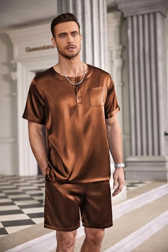 Image of Ekouaer Mens Pajamas Set Silk Satin Pjs Sets Summer Short Sleeve Button Down Sleepwear 2 Piece Loungewear with Pockets