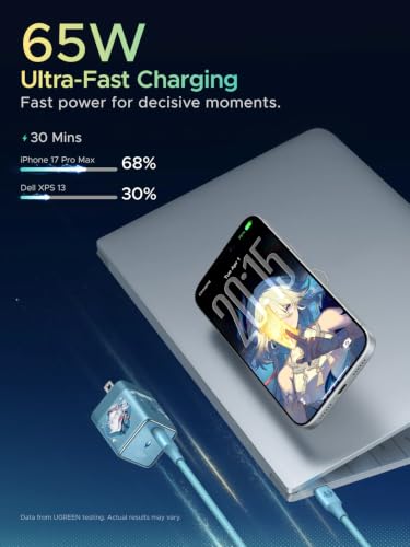 Image of UGREEN Nexode Air 65W Charger Honkai: Star Rail Edition, Mini USB C Charger Block Fast Charging with USB C Cable, GaN Charger for MacBook Air /Neo /Pro, iPhone 17 16, Galaxy S26 /S25, iPad, Cyan
