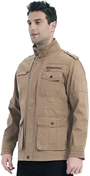 Klassieke herenjas van puur katoen, militaire opstaande kraag jas, katoen vrijetijd jas met zakken, casual jas, Zwart, L