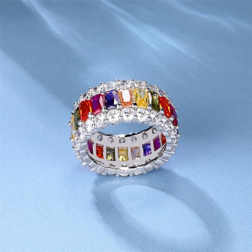 MDFUN 18K White Gold Plated Halo Wedding Ring Eternity Band for Women, Sparkling Colorful Cubic Zirconia Rings Size 5-104