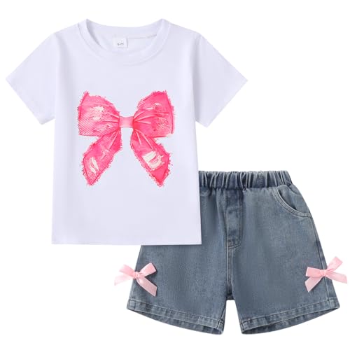 Image of Kids Toddler Girls Summer Clothes Leopard Butterfly Print T-Shirt + Belted Denim Jeans Shorts 3PCS Outfits