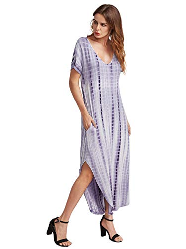 MakeMeChic Casual Maxi Short Sleeve Split Tie Dye Long Dress Purple Small