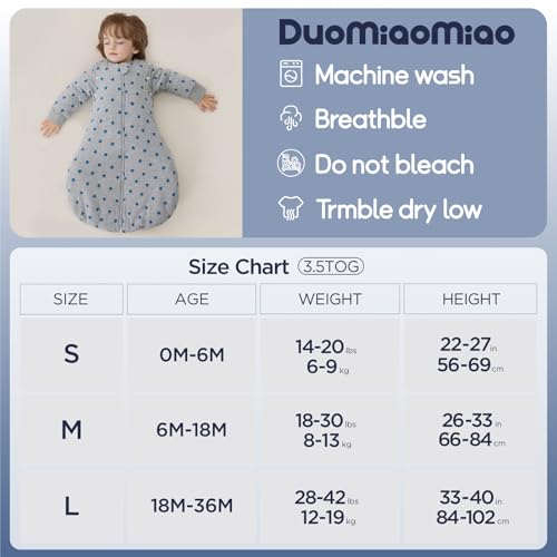 Image of Duomiaomiao 3.5 TOG Baby Sleep Sack 100% Cotton Winter Long Sleeve Baby Wearable Blanket, Super Warm Quilted Comfy Toddler Sleeping Bag