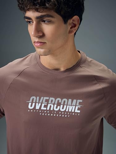Image of TECHNOSPORT Men's Typography Printed T-Shirt COTFLEX Quick Dry Slim Fit Round Neck Sports Tee for Gym Running Casual Wear UPF50+ Anti Odour