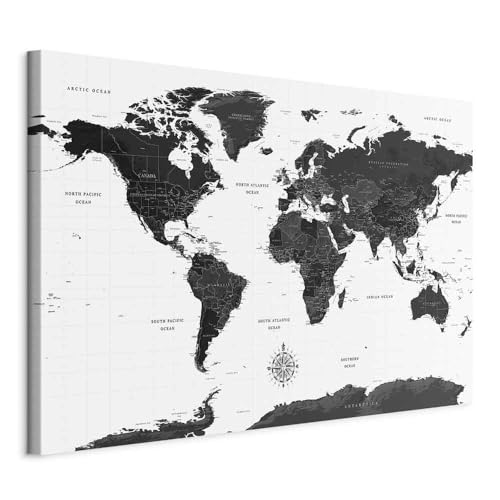 murando   Cuadro en Lienzo Mapamundi 120x80 cm 1 pieza Impresión en Material Tejido no Tejido Impresión Decoracion de Pared Artística Imagen Gráfica Mapa del mundo Geografia Blanco Negro k A 0423 b a