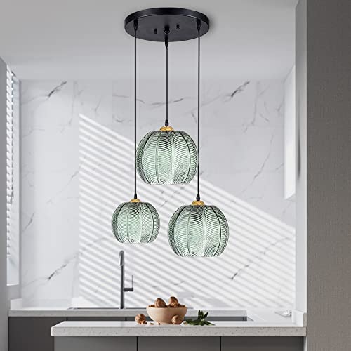 KOSHSH Pendelleuchte Esstisch Pendelleuchte Grün Glas Hängelampe 3-Flammig Moderner Hängeleuchte Höhenverstellbar Esstischlampe Pendellampe für Wohnzimmer Schlafzimmer