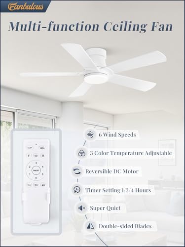 Fanbulous Ceiling Fans with Lights and Remote, 42 inch Low Profile Flush Mount Ceiling Fan,White Modern Ceiling Fan with LED Light for Bedroom Indoor Outdoor-5 Reversible blades, 3CCT, 6 Speeds, Timer — view 2
