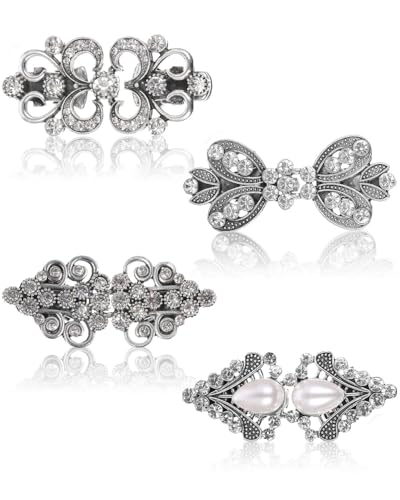 JELIEE 4 PCS Sweater Shawl Clips Dress Clip Cloak Clasp Shawl Clip Vintage Cardigan Clip Retro Cloak Brooches Silver Shawl Pins Back Cinch Rhinestone Shawl Shirt Cardigan Scarf Cinch Clips for Women