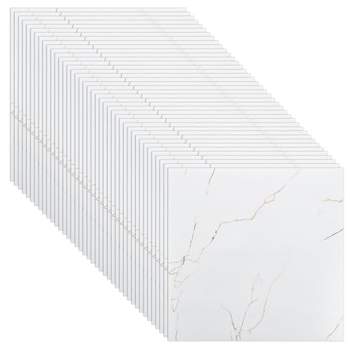 STARVAST 40 Stück 30x30CM PVC Bodenbelag Selbstklebend, Vinylboden Selbstklebend Weiß, Selbstklebende Bodenfliesen, Bodenfolie Selbstklebend für Wohnzimmer, Badezimmer, 40 Fliesen/3.6m², Weiß Marmor