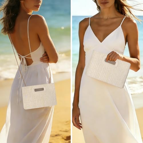 Image of Beach Clutch Bag Straw Summer Clutch Purses for Women Handmade Woven Purse Detachable Gold Chain, Crossbody