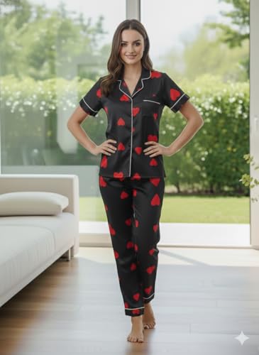 Image of Women's Lycra Heart Printed Night Suit Set of Shirt & Pajama Set Women Night Wear Set,Night Dress for Woman