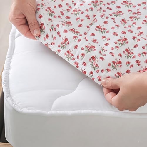 Image of IVAZA Ezyption Cotton Super Soft 240 TC Elastic Fitted All Around Elastic Printed King Size Double Bed Bedsheet with 2 Pillow Cover 72 inch X 78 inch3 Red White