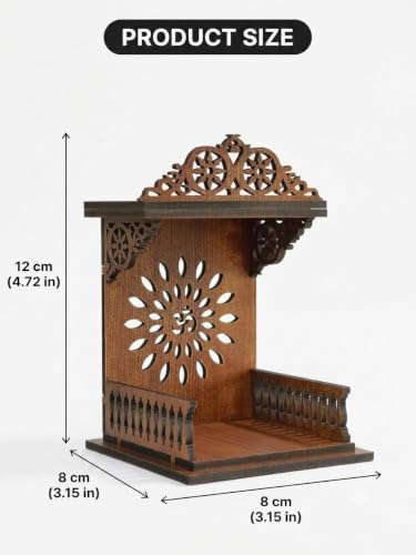 Image of Handcrafted Wooden Car Dashboard Temple, Walnut Finish, Laser-Cut Om Floral Design, MDF Mandir for Car Interior (Classic Ornate Roof Walnut Finish)