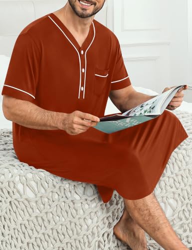 Image of SWOMOG Mens Nightgown Short Sleeve Lounge, Sleep Henley Shirt Pajama Big & Tall Nightshirt Comfy Nightwear M-3XL
