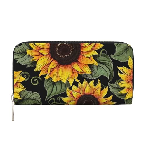 Floral Sunflower Leather Wallet For Women Girl, Zip Around Credit Card Holder Long Pu Wallet Clutch Purse Waterproof Travel Handbag