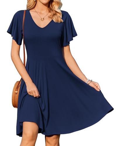 Zeagoo Vestido de Verano para Mujer Cuello en V Midi Vestido Casual Manga Corta Vestido con Bolsillos Elegante Sólido Vestido Línea A Morado Azulado S