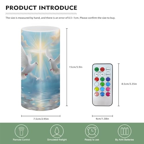 Image of Poceacles Dove of Peace Cross Print Blue Flameless Candle Electric LED Lights with Timer Remote Color Lights, 3 AAA Batteries Operated (Not Include) Tealight for Home Indoor Decor