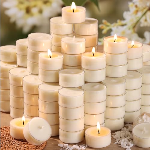 DEVI 6 Hour Soy Tea Lights Candles Bulk 100 Pack Soy White Tea Lights Bulk-6 Hours Long Burning Unscented Small Votives Bulk for Wedding Party Centerpieces
