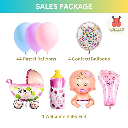 Image of 57 Pcs Welcome Baby Girl Decoration Kit | Balloons, Banner, Curtains, Foils, Stars, Hearts, Ribbon & Confetti for Baby Shower & Newborn Celebration Set 01
